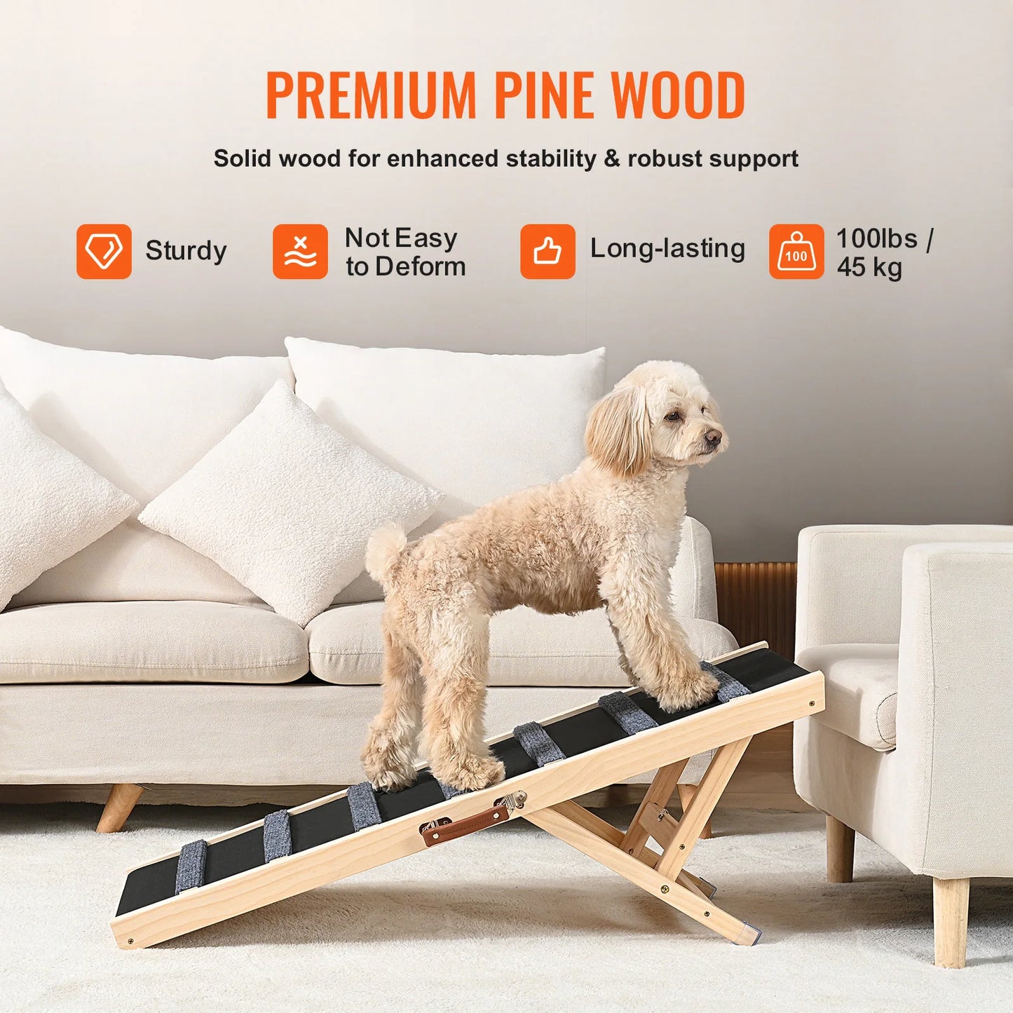 SucceBuy Dog Ramp Folding Ladder Anti-slip High Adjustable Wooden Pet Ramp Removable for Small Old Dog Climbing Stairs Sofa Car