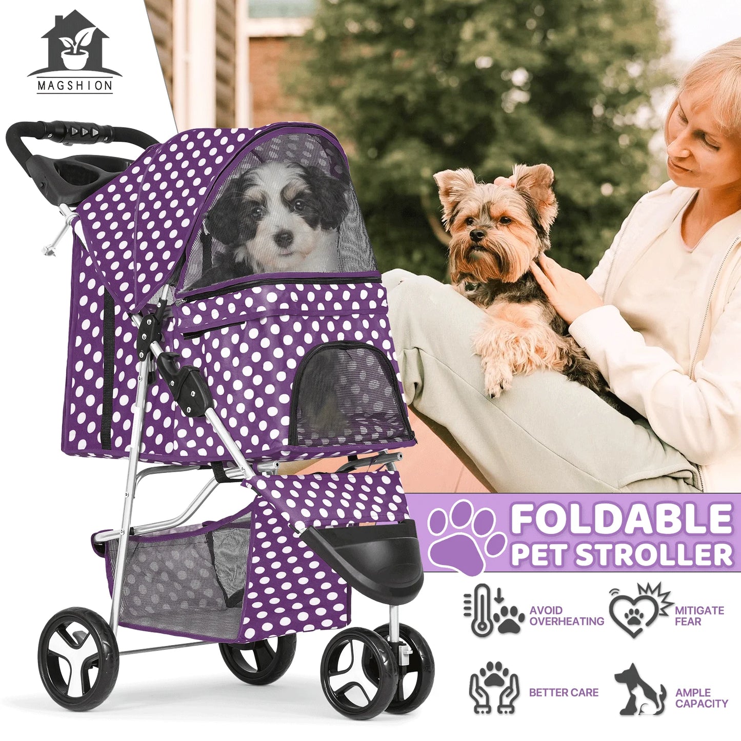 Magshion 3 Wheels Pet Dog Cat Stroller for Small Medium Dogs Cats, Foldable Jogger Stroller w/Storage Basket and Cup Holder