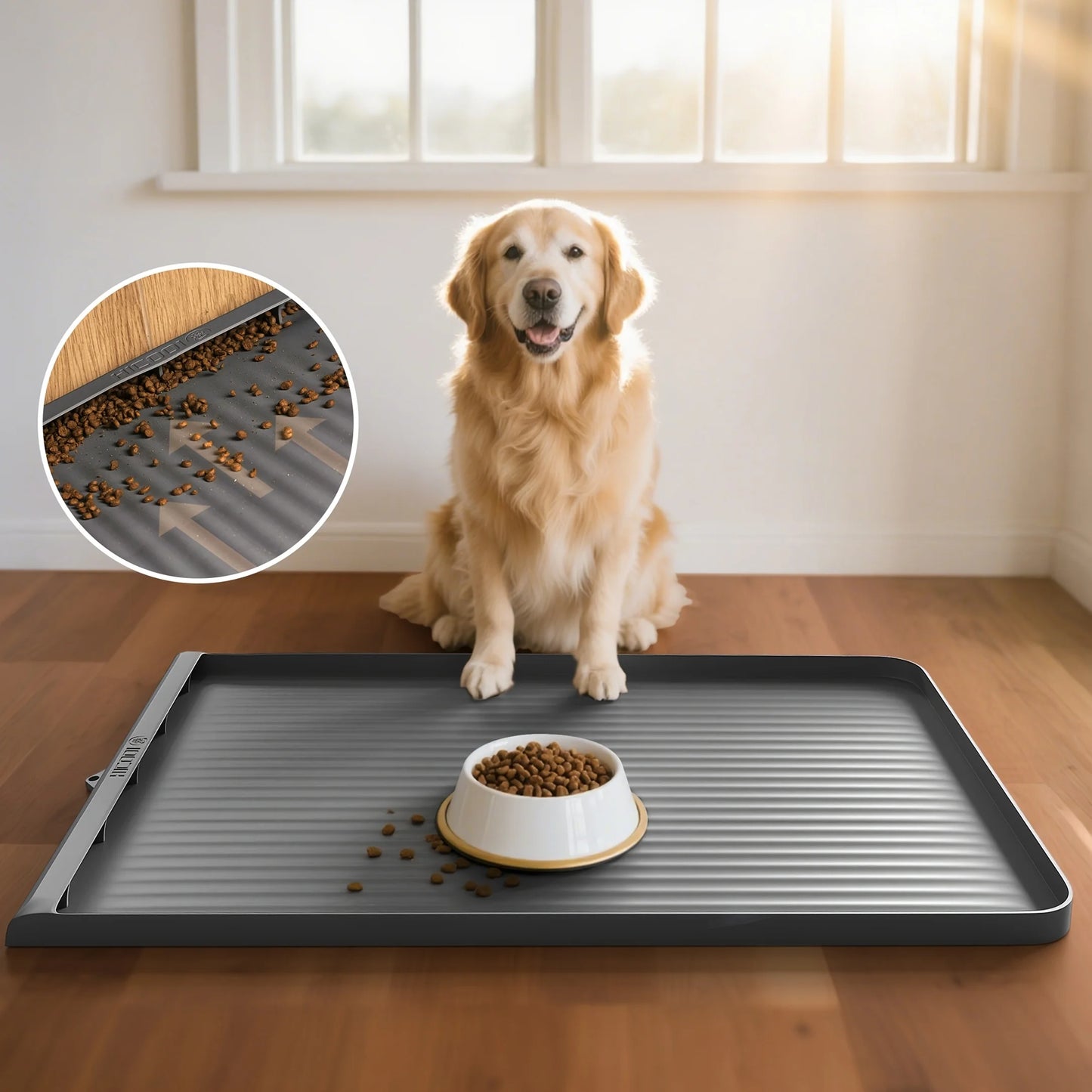 Dog for food Mat 36"x24", Waterproof Pet Feeding Mat With Diversion Grooves And Raised Edges, Large Non-Slip Dog Bowl Mat For Food And Water, Cat for food Mat For Floors, Easy To Clean, Grey