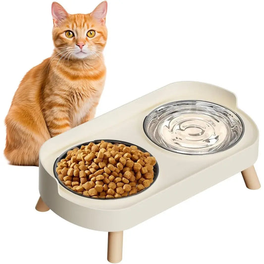 Elevated Cat Bowl, Raised Food and Water Bowl Set for Indoor Cats, Splash Proof with 2 Stainless Steel Pet Food Bowls for Cats a