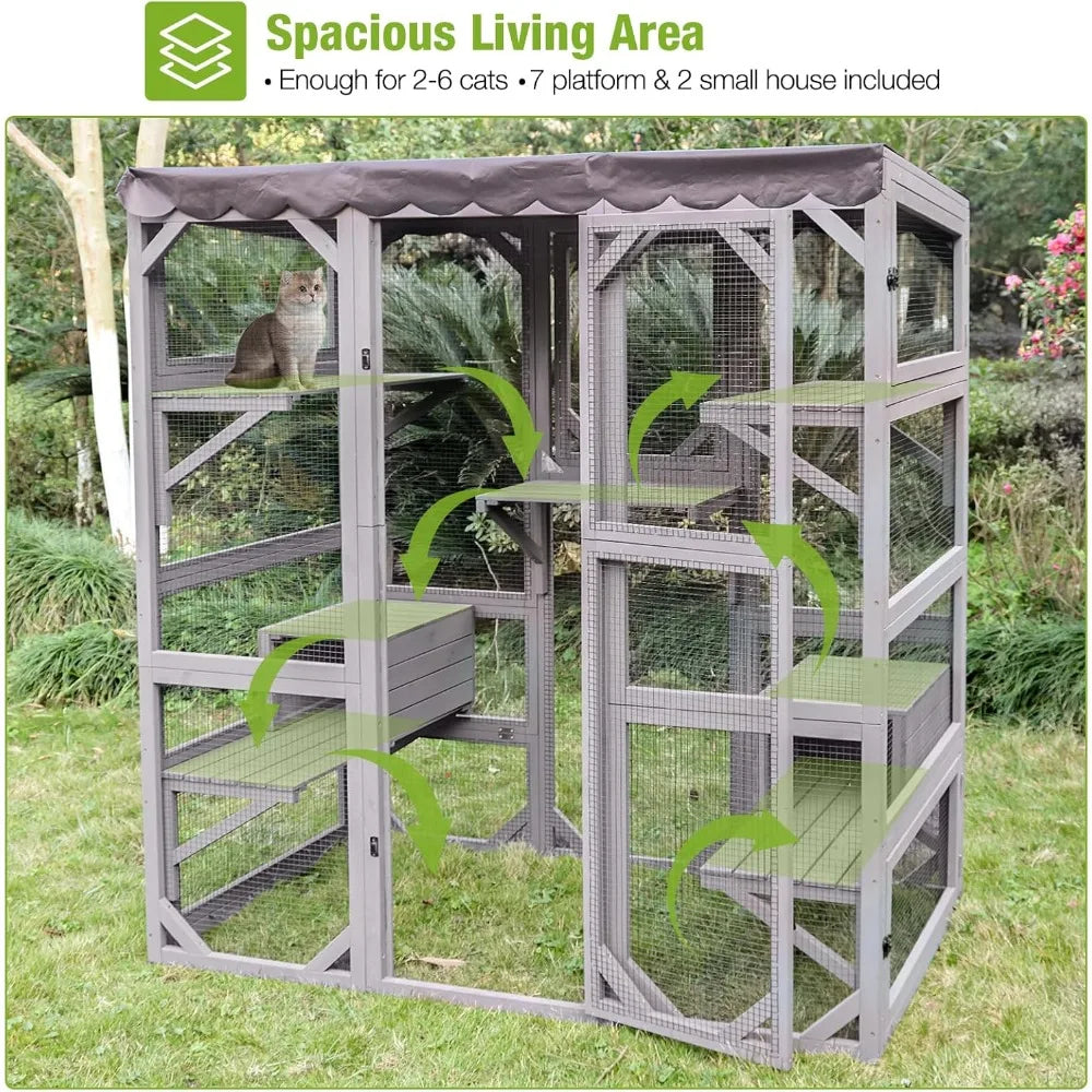 Catio Outdoor Cat Enclosure Large Walk in Window Cat House for Multiple Cats with 7 Platforms and 2 Resting Boxes, Tarp