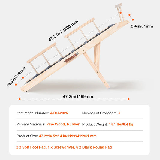 SucceBuy Dog Ramp Folding Ladder Anti-slip High Adjustable Wooden Pet Ramp Removable for Small Old Dog Climbing Stairs Sofa Car