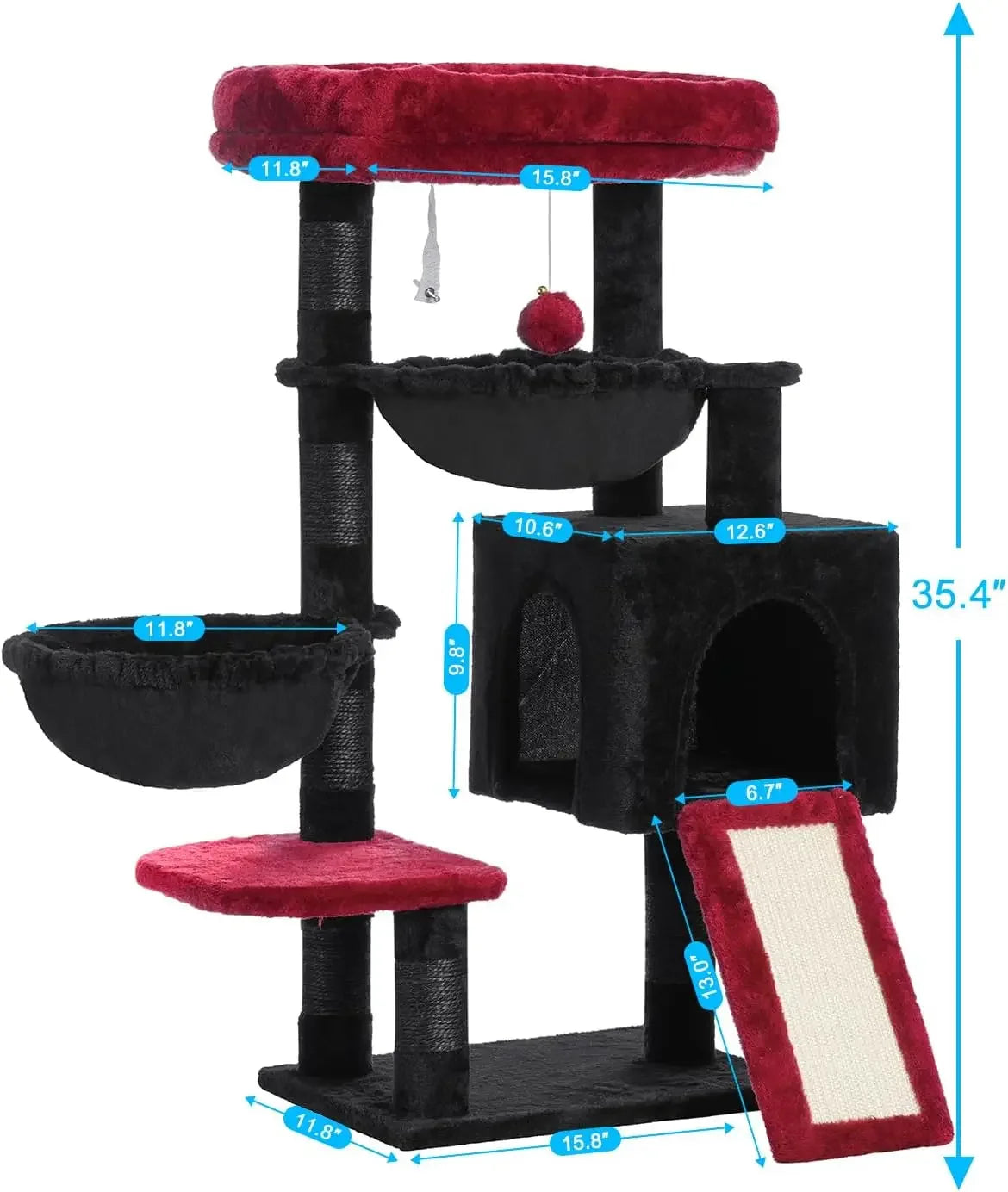 Cat Tree for Indoor Cats, Large Padded Bed, Cozy Condo, Hammocks, Scratching Posts, Black and Red