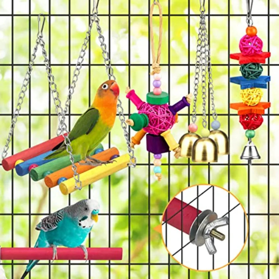 Bird Toys for Conures with Colorful Ladder Hammock Bird Cage Accerious Bird Perch Stand Chewing Toys Hanging Bell for Parrot Pa
