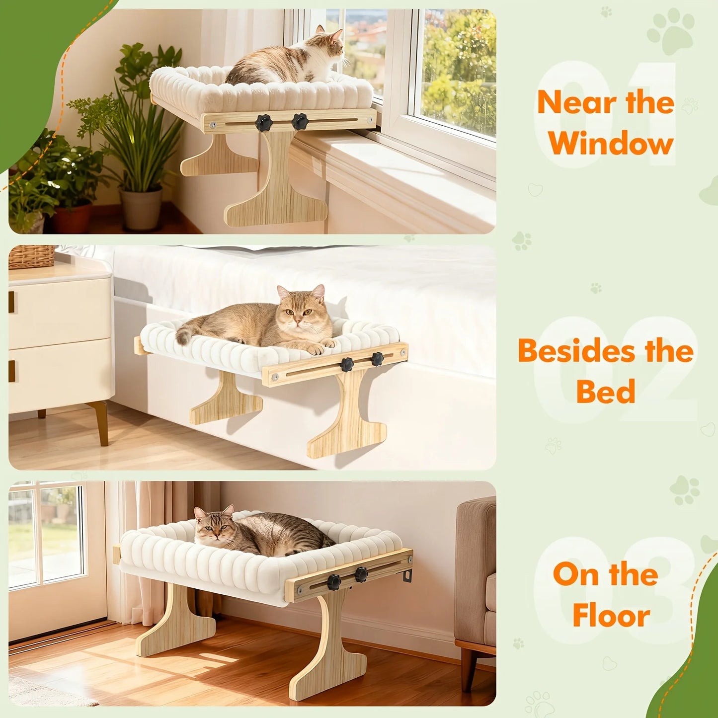 Cat Window Perch, Cat Hammock for Window Sill - 3-in-1 Cat Window Perch Hammock Bedside Bed with Plush Nest, for Small And Medium Cats