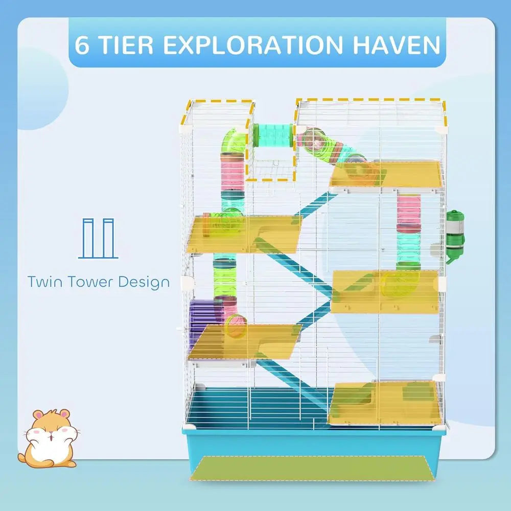 6 Tier Small Animal Cage with Tubes and Tunnels, 32 DIY Design Large Hamster Cage with Hut, Wheel, Food Dish, Water Bottle, Suit