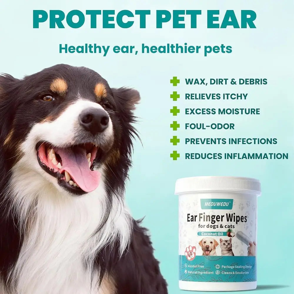 Ear Cleaner Wipes 60 Counts, Dog Ear Cleaner, Grooming Kit Care for Dogs and Cats, Soft & Easy Otic Cleaning Pads, Remove Wax, D