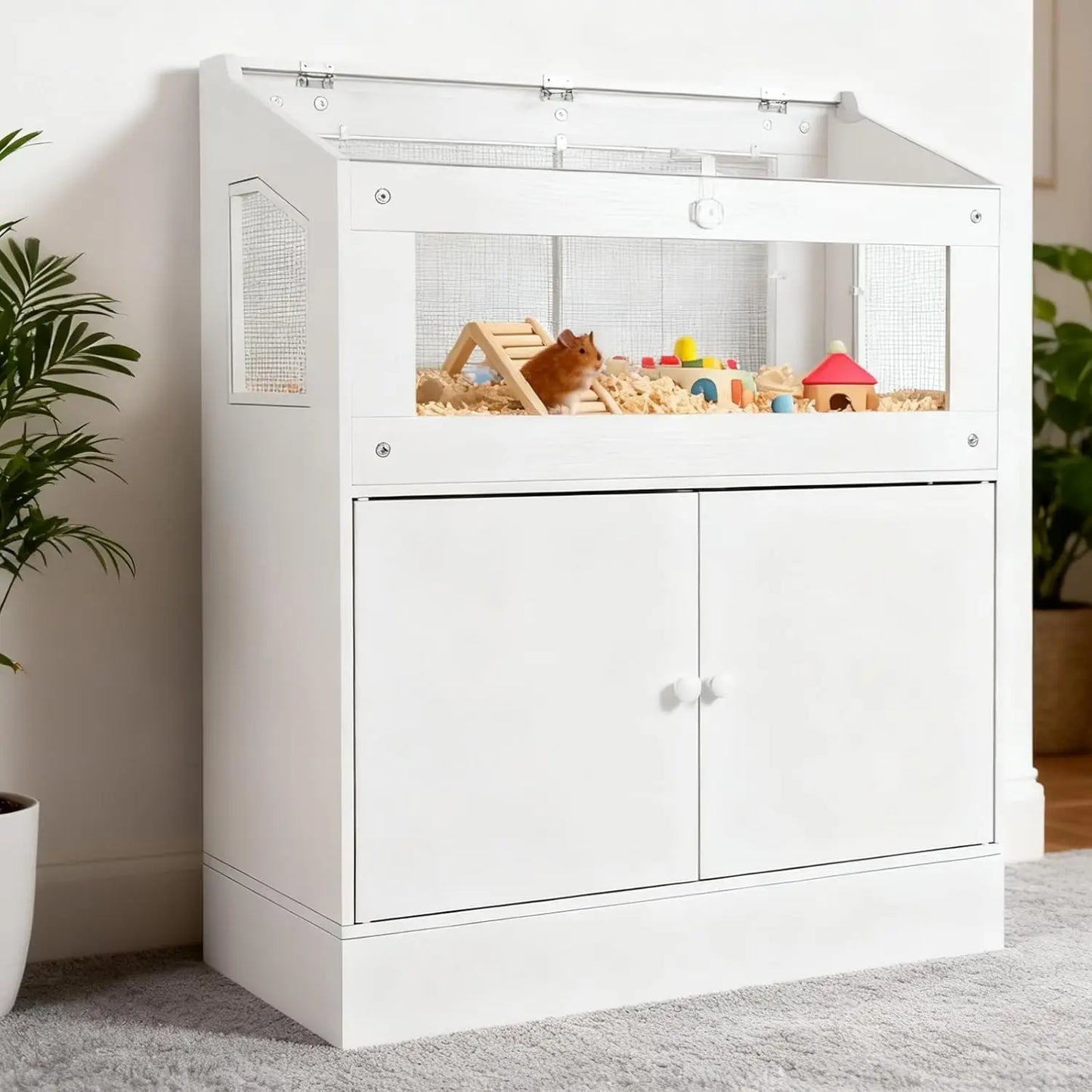 Hamster Cage, Small Animal Cage with Storage Cabinet, Large Small Animal Habitat with Easy-View Acrylic Panels & Ventilation