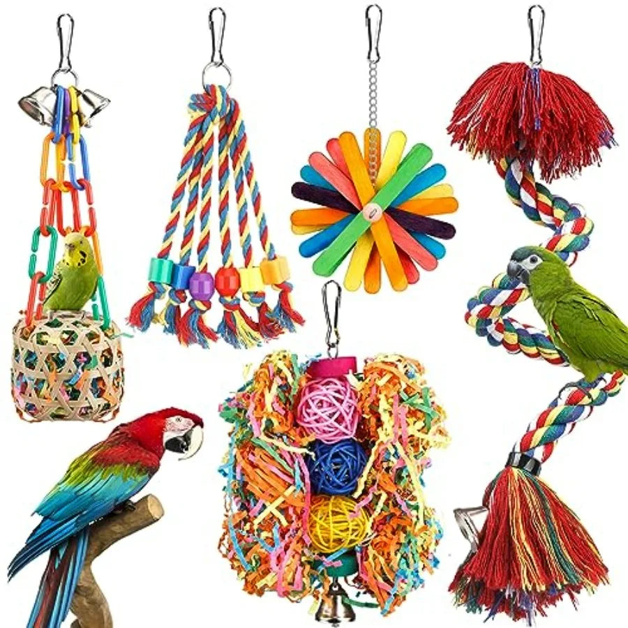 Bird Toys Rope Perch with Bell Colorful Bird Chewing Shredding Foraging Toys Parrot Swing Climbing Standing Hanging Toys Cage A