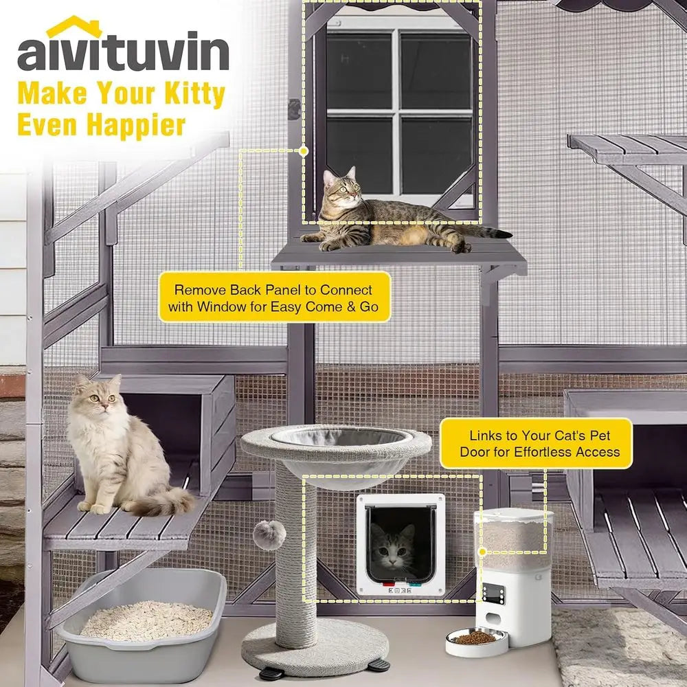 5-Level Walk-in Cat House | Outdoor Enclosure with Window, Reinforced, Waterproof Cover, Multiple Climbing Platforms