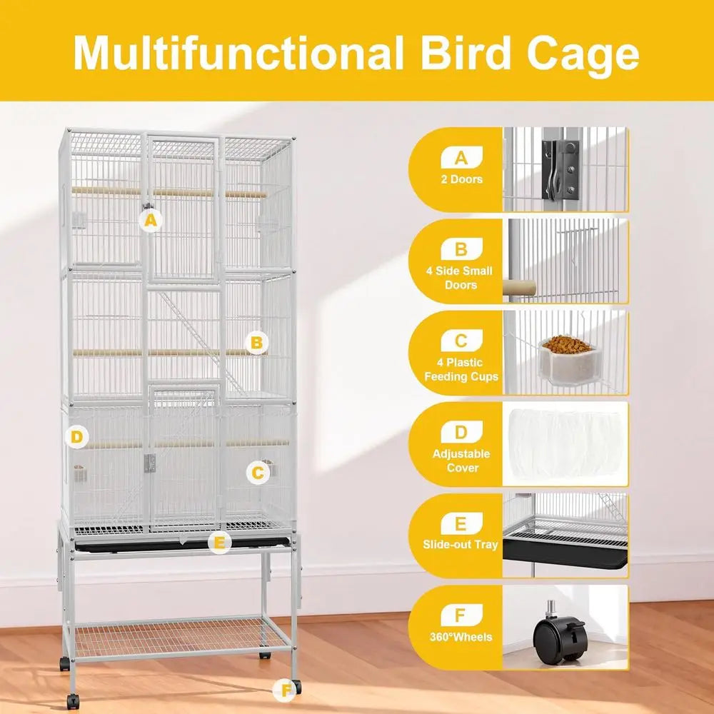 69 inches Bird Cage with Dust Cover, Birdcages with Rolling Wheels, Large Bird Cages or Cockatiels Conure ParaLovebird inch Cana
