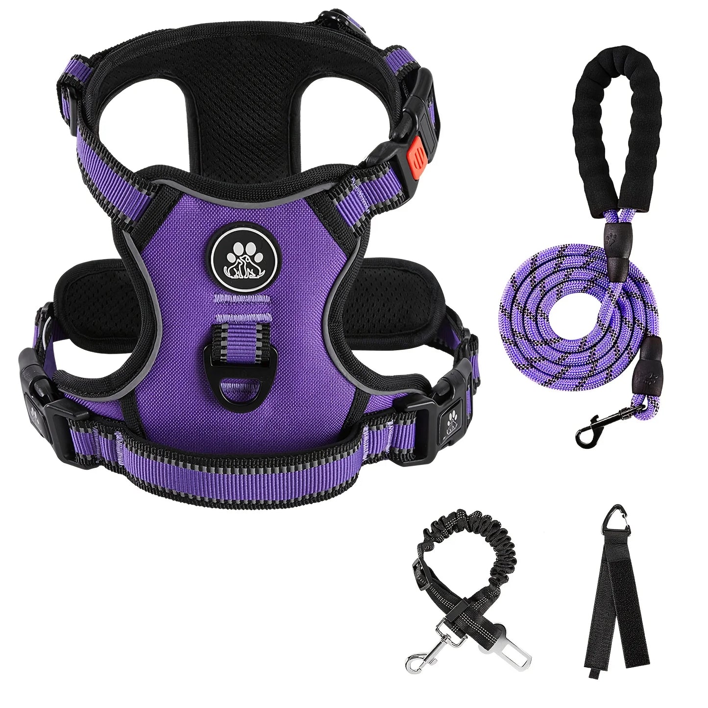 No Pull Dog Harness, Dog Collar, 1 Professional Dog Leash & 1 Retractable Seatbelt & 1 Storage Strap Fully Reflective Adjustable Breathable Dog Harness with Handle, Collar De Perro, No Choke Pet Vest Harness for Small And Lar