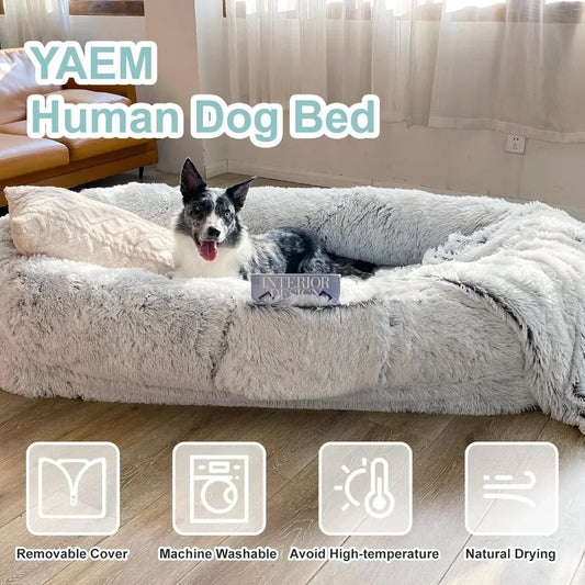 Hot salesExtra Large Human Dog Bed for Adults and Pets, Washable Faux Fur Orthopedic Cushion with Pillow, Blanket, Strap - Grey