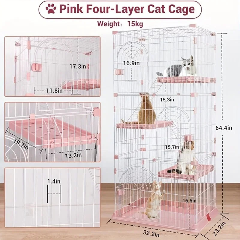 64-Inch 4-Tier Wire Cat Playpen, Spacious Catios for 1-3 Cats, Pink Cat Crate Featuring 3 Platforms, 3 Front Doors, And 2 Ramp Ladders