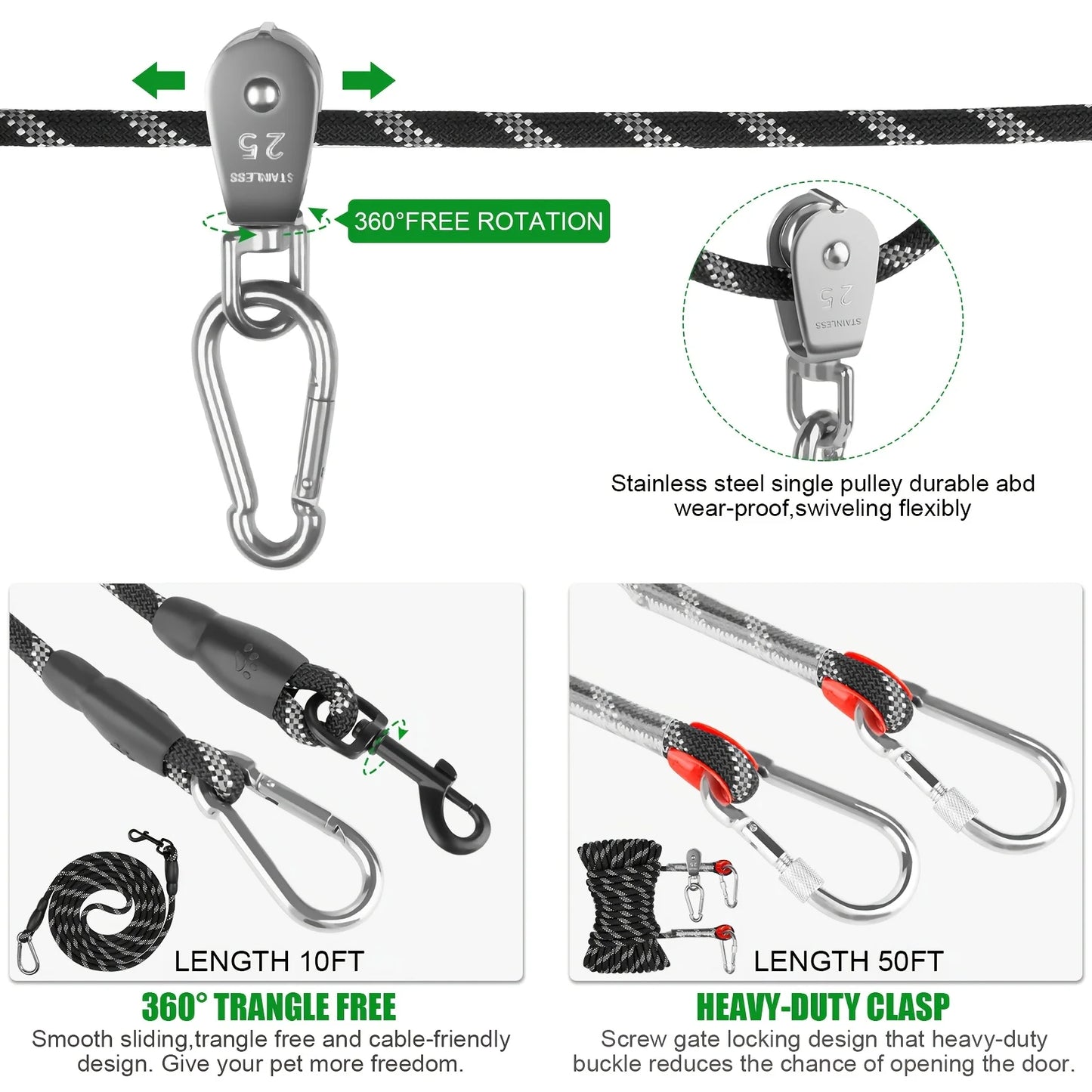 Portable Dog Trolley System For Camping - 75ft Heavy Duty Overhead Runner With Reflective Cable For Dogs Up To 200lbs - Easy Setup For Yard, Park, Hiking & Outdoor Adventures