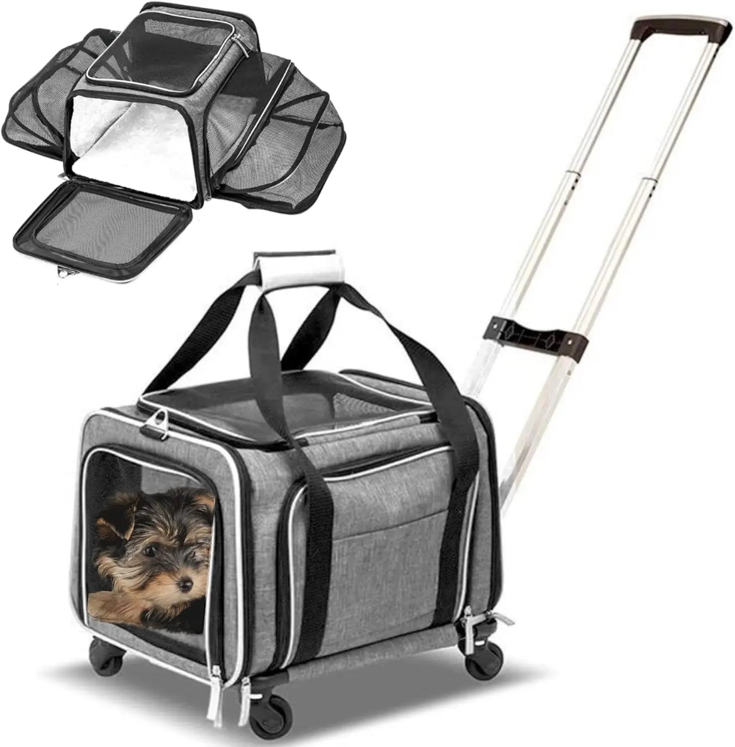 Expandable Pet Carrier with Wheels for Dogs & Cats, Airline Approved, Soft Lined and Spacious in Grey