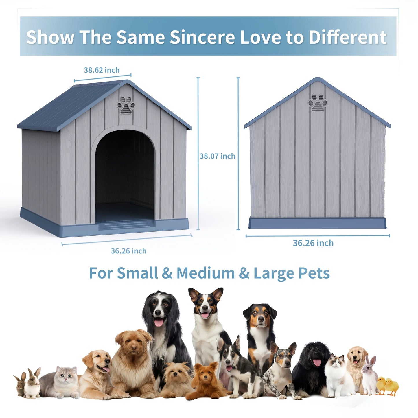 Dog House Outdoor Peaked Roof Dog House for Small to Large Sized Dogs, Resin Dog House with Raised Floor And Vent, Rain Proof Roof, Large Winter House, Give Your Pet A Warm Home. Perfect Holiday Gift for Halloween, Christmas,