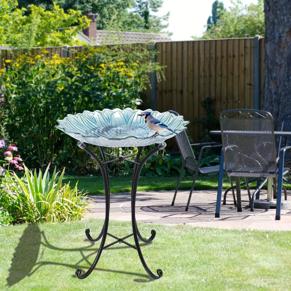 Large Glass Birdbath with Metal Stand – Elegant Green Flower Design, Perfect for Garden, Lawn, and Yard Decor, Outdoor Bird Bath | Floral Design | Intricate Petal Detailing