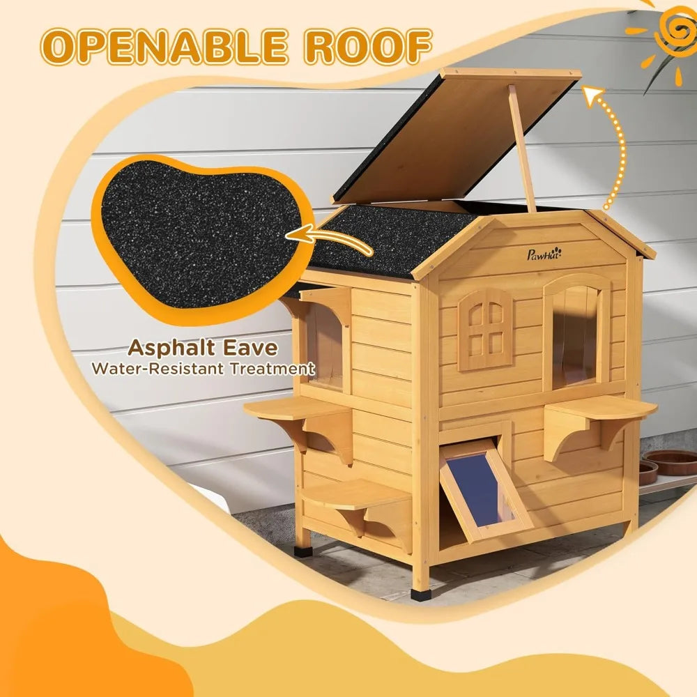 pawhut 2-story cat house outdoor, weatherproof wooden cat enclosure for feral cats with escape door, openable roof, jumping plat