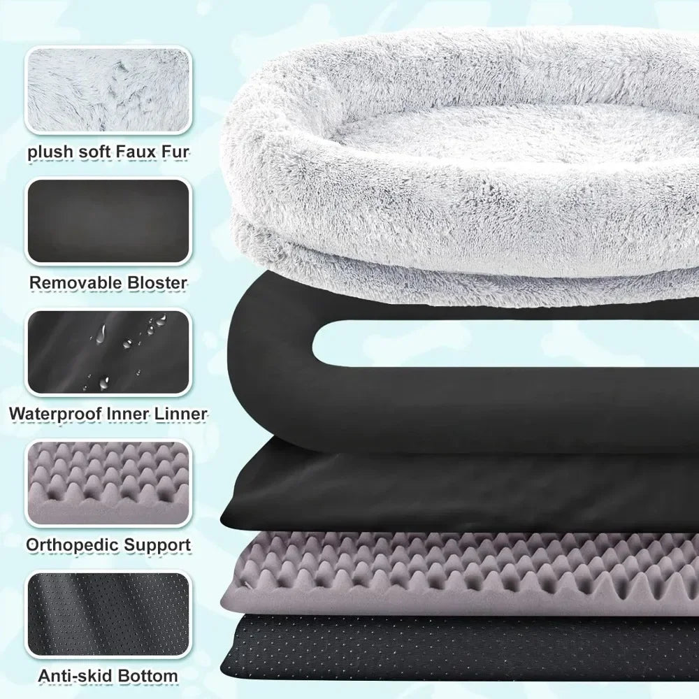 Hot salesExtra Large Human Dog Bed for Adults and Pets, Washable Faux Fur Orthopedic Cushion with Pillow, Blanket, Strap - Grey