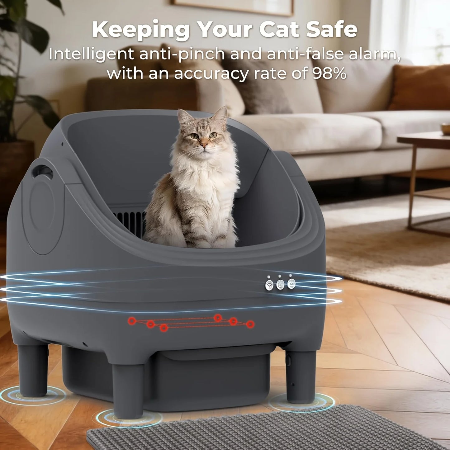 Self Cleaning Litter Box, Automatic Cat Litter Box-APP Control, Open-Design Electric Litter Box, Safety Anti-Pinch, Odor-Free Waste Disposal, Suitable for Multiple Cats, Includes 1 Litter Mat, 1 Litter Scoop, And 2 Roll Of Li