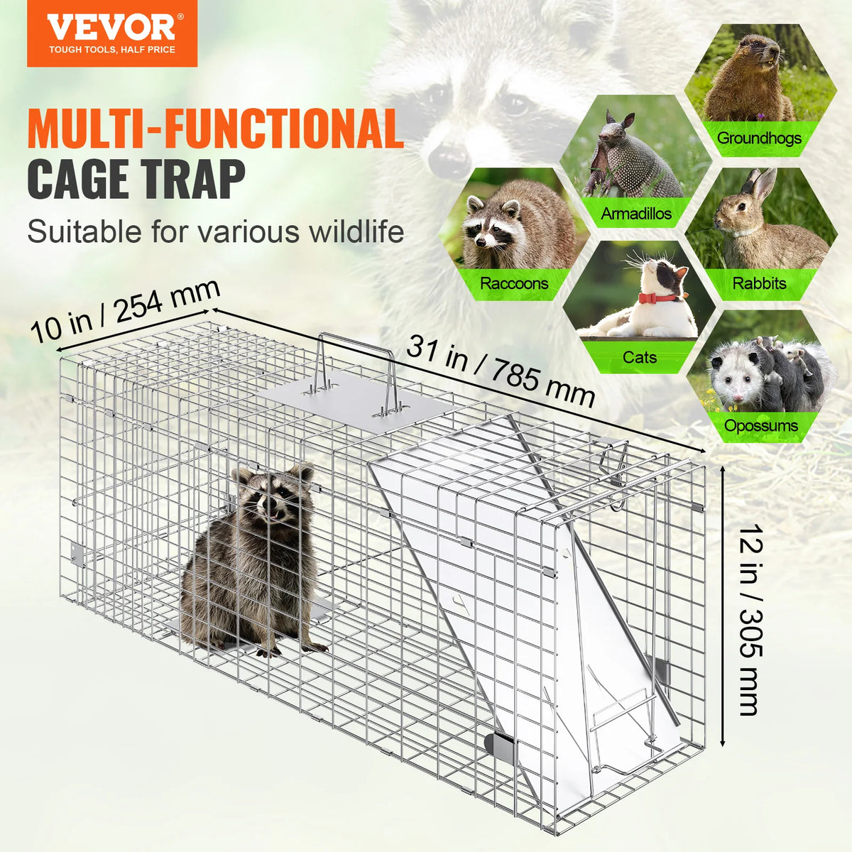 SucceBuy 24/31/42/50in Animal Cage Trap Folding Humane Cat Trap Galvanized Iron with Handle for Rabbits Squirrels Groundhogs