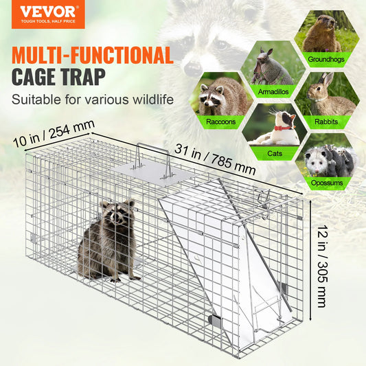 SucceBuy 24/31/42/50in Animal Cage Trap Folding Humane Cat Trap Galvanized Iron with Handle for Rabbits Squirrels Groundhogs