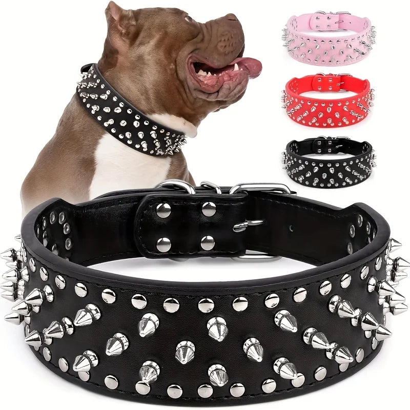Wide Golden Spiked Dog Collar, Epesiri Dog Chain Collars, Mushroom Rivet Faux Leather Dog Collars, Adjustable Durable Spike Studded Pet Collar for Pitbull Mastiff Bulldog Pugs Husky Rottweiler