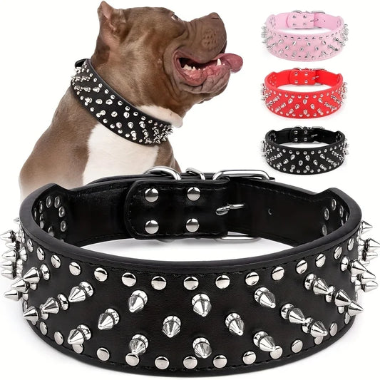 Wide Golden Spiked Dog Collar, Epesiri Dog Chain Collars, Mushroom Rivet Faux Leather Dog Collars, Adjustable Durable Spike Studded Pet Collar for Pitbull Mastiff Bulldog Pugs Husky Rottweiler