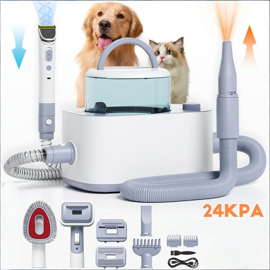 Pet Grooming Vacuum Set: Dog Shedding Vacuum with Grooming & Hair Dryer Functions, 9-in-1 Pet Brush Vacuum Equipped with Electric Clippers, 24KPa Adjustable Speed & Temperature - 104.82oz Dust Bin