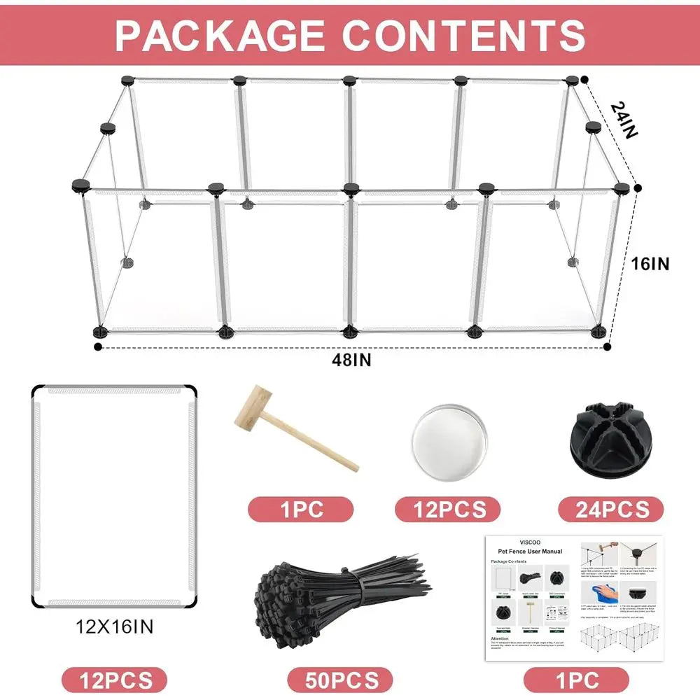 12 Panels Transparent Small Animals Playpen, 48 x 24 x 16 Portable Pet Playpen, Plastic Enclosure, Puppy Play Pen or Indoor Outd