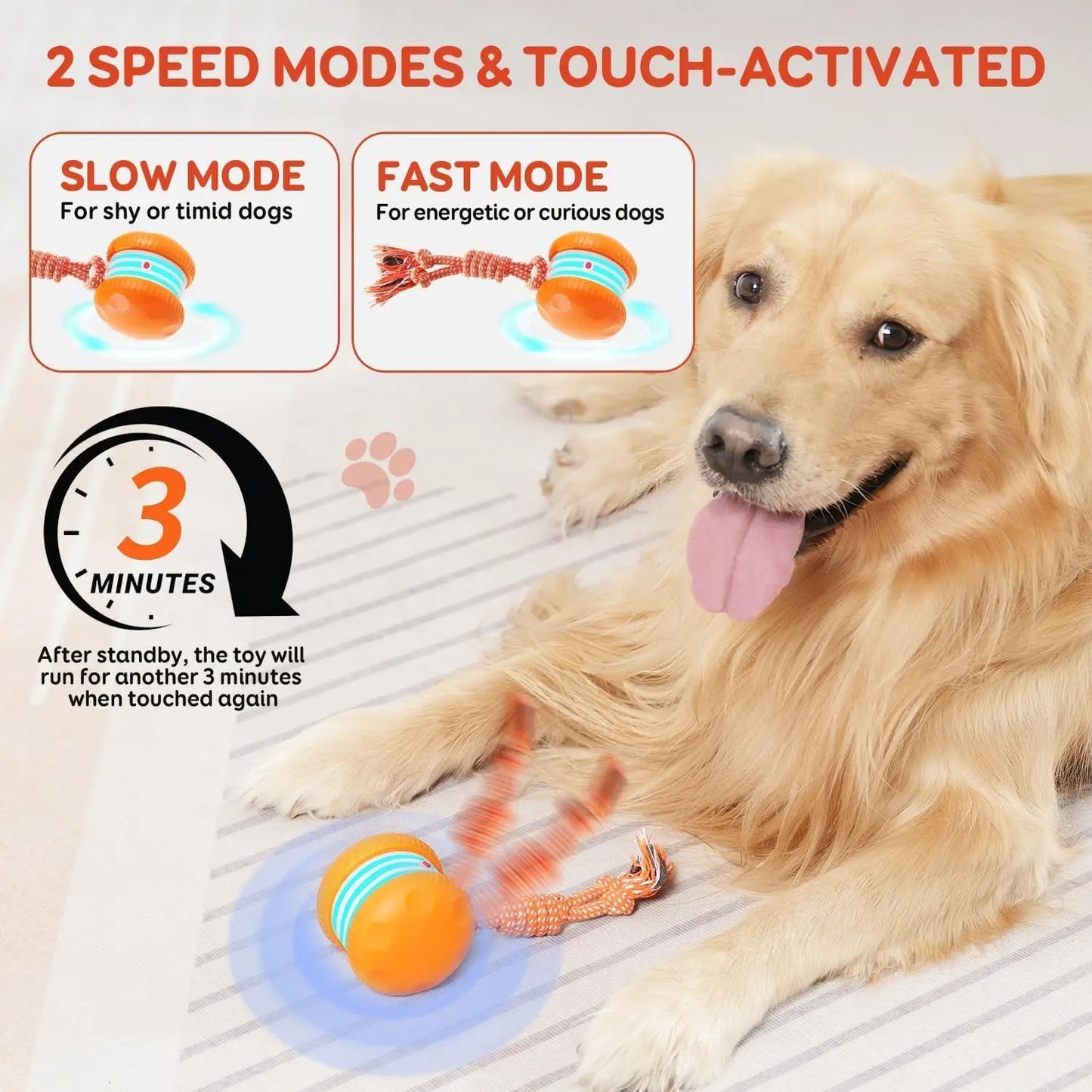 Interactive Dog Toy, Random Path Electric Rolling Ball with Rope for Boredom Relief (Orange)