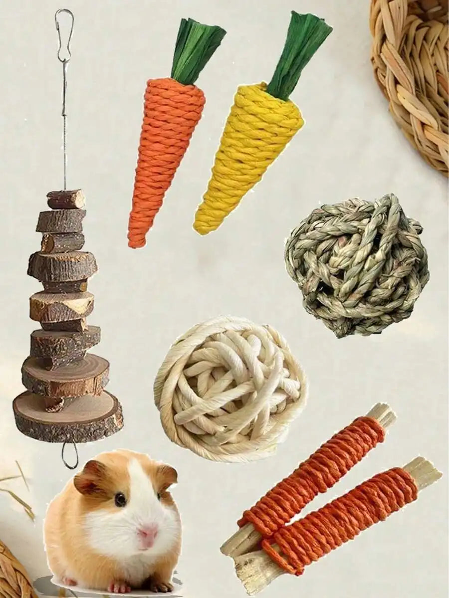 7-Piece Small Pet Teething Toy Set For Rabbits Hamsters Dental Care Chew Toys Wooden Loofah Grass Ball