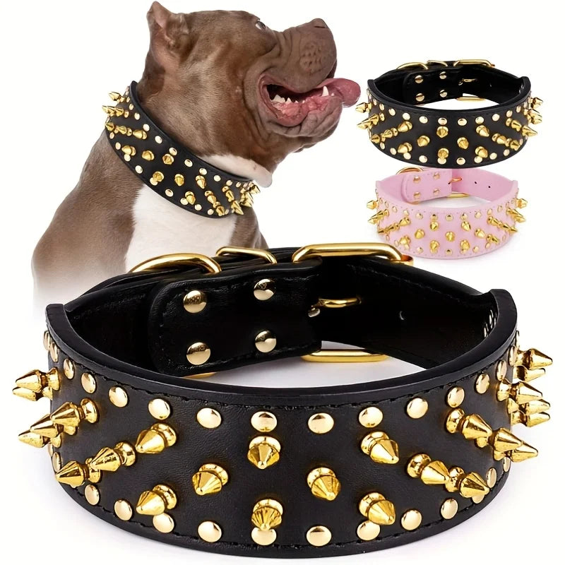 Wide Golden Spiked Dog Collar, Epesiri Dog Chain Collars, Mushroom Rivet Faux Leather Dog Collars, Adjustable Durable Spike Studded Pet Collar for Pitbull Mastiff Bulldog Pugs Husky Rottweiler