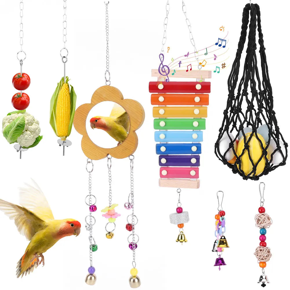 10PCS Bird Toys Set Small Parrot Hanging Hammock Swing Hanging Standing Chewing Toy Bird Perch Stand Bird Cage Accessories