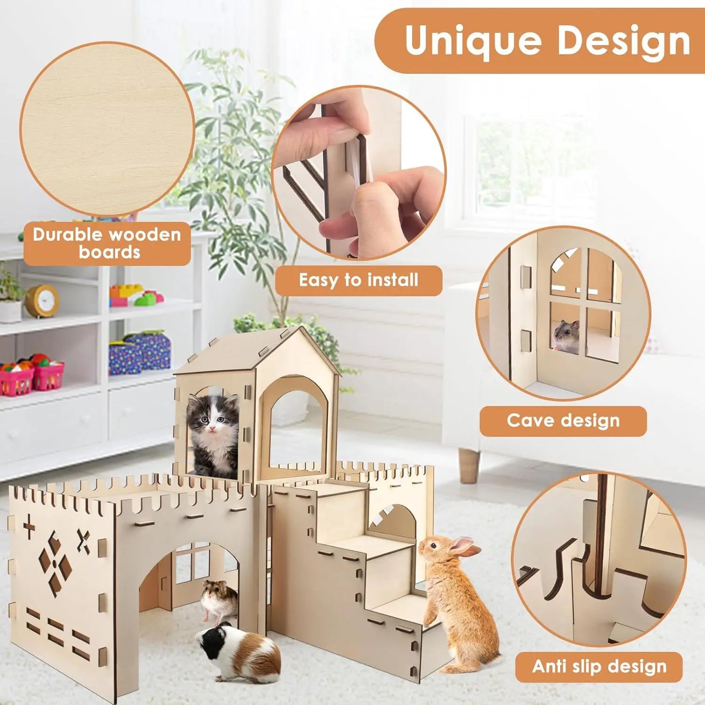 Extra Large Wooden Rabbit Hideout Castle Indoor Outdoor Habitat for Bunnies Chinchillas Hamsters Guinea Pigs