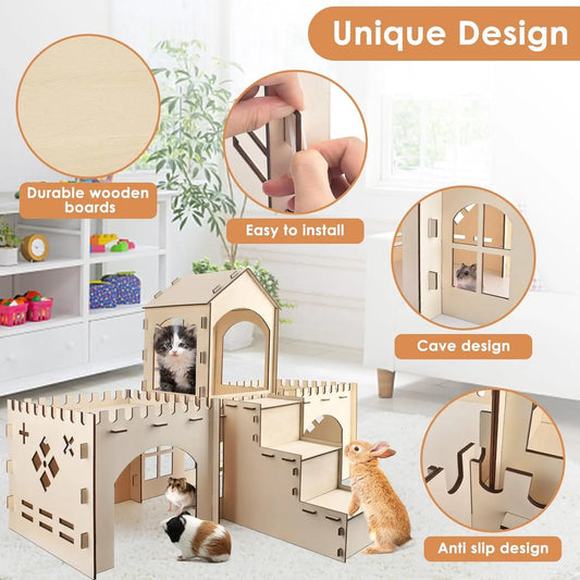 Extra Large Wooden Rabbit Hideout Castle Indoor Outdoor Habitat for Bunnies Chinchillas Hamsters Guinea Pigs
