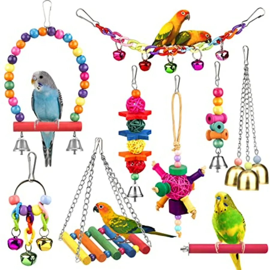 Bird Toys for Conures with Colorful Ladder Hammock Bird Cage Accerious Bird Perch Stand Chewing Toys Hanging Bell for Parrot Pa