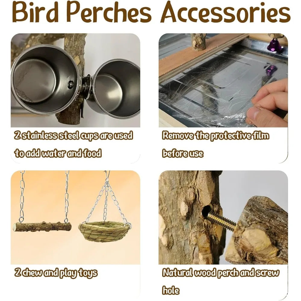 NBVCX Natural Wood Bird Perch Stand With Nest And Cups