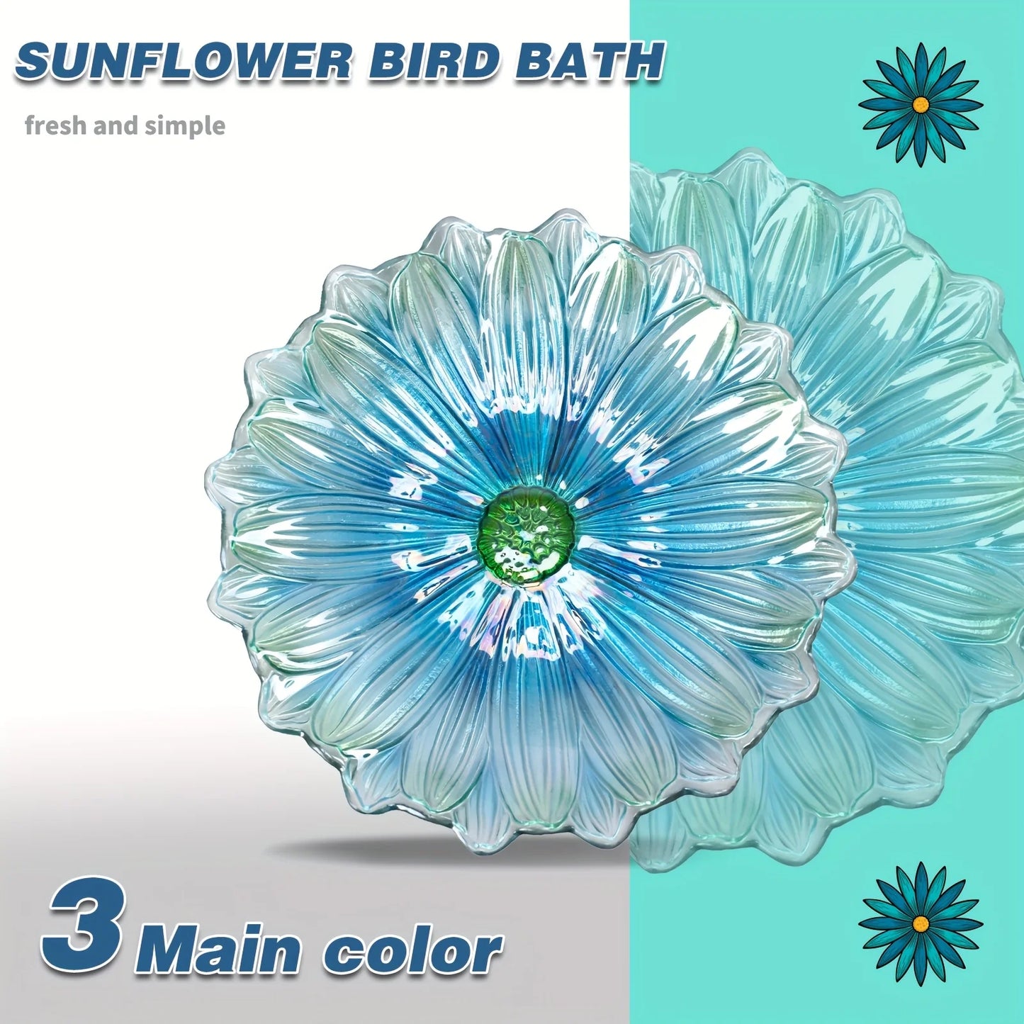Large Glass Birdbath with Metal Stand – Elegant Green Flower Design, Perfect for Garden, Lawn, and Yard Decor, Outdoor Bird Bath | Floral Design | Intricate Petal Detailing