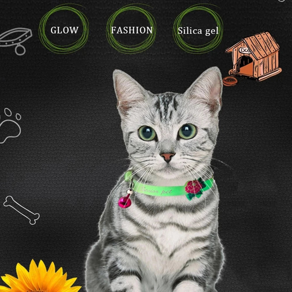 Luminous Cat Necklace Glow Reflective Silicone Bell Collar for Pets