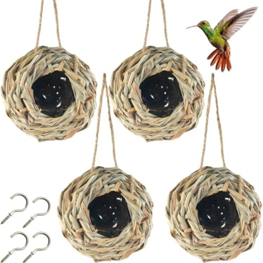 4PCS 5.5inch Hanging Hummingbird Nest House for Outside, Ball Shape, Hand Woven, Durable Sturdy, Made of Natural Grass, Perfect
