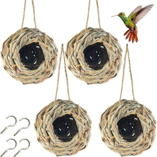 4PCS 5.5inch Hanging Hummingbird Nest House for Outside, Ball Shape, Hand Woven, Durable Sturdy, Made of Natural Grass, Perfect