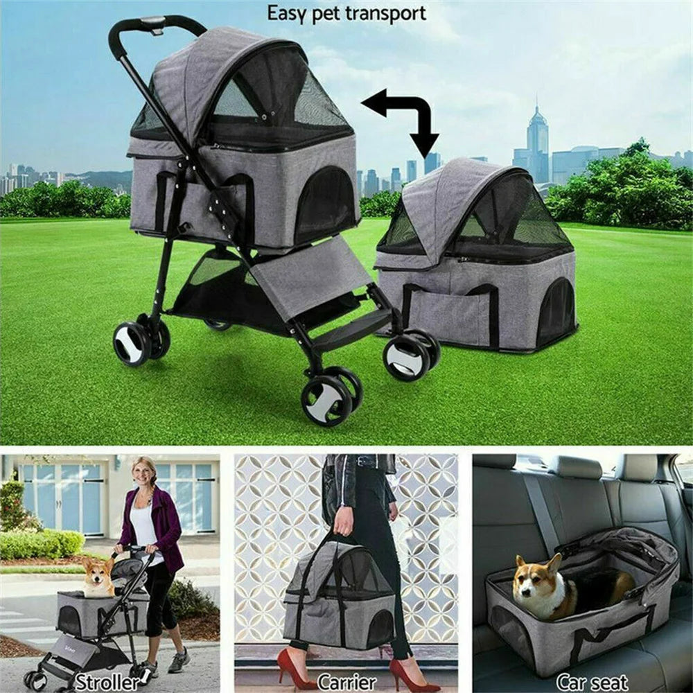 Foldable Pet Stroller With 4 Wheels And Rain Cover
