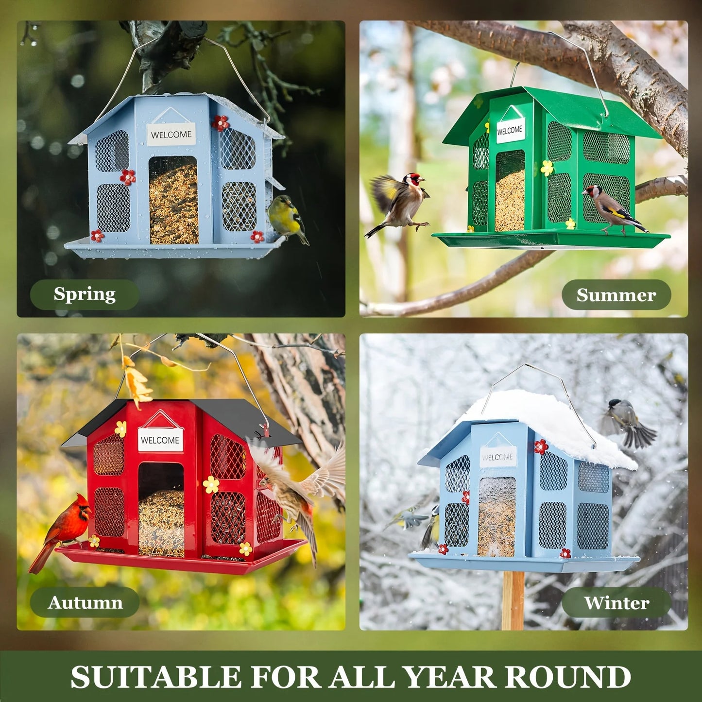 Kingsyard Metal Bird Feeders For Outdoors Hanging, Wild Bird Feeder For Cardinal, With Weatherproof Roof, 3 Different Seed Tray For Finch Sparrows Woodpeckers, 4 Lbs Large Capacity, Black Friday Items, Outdoor Decor, Christma