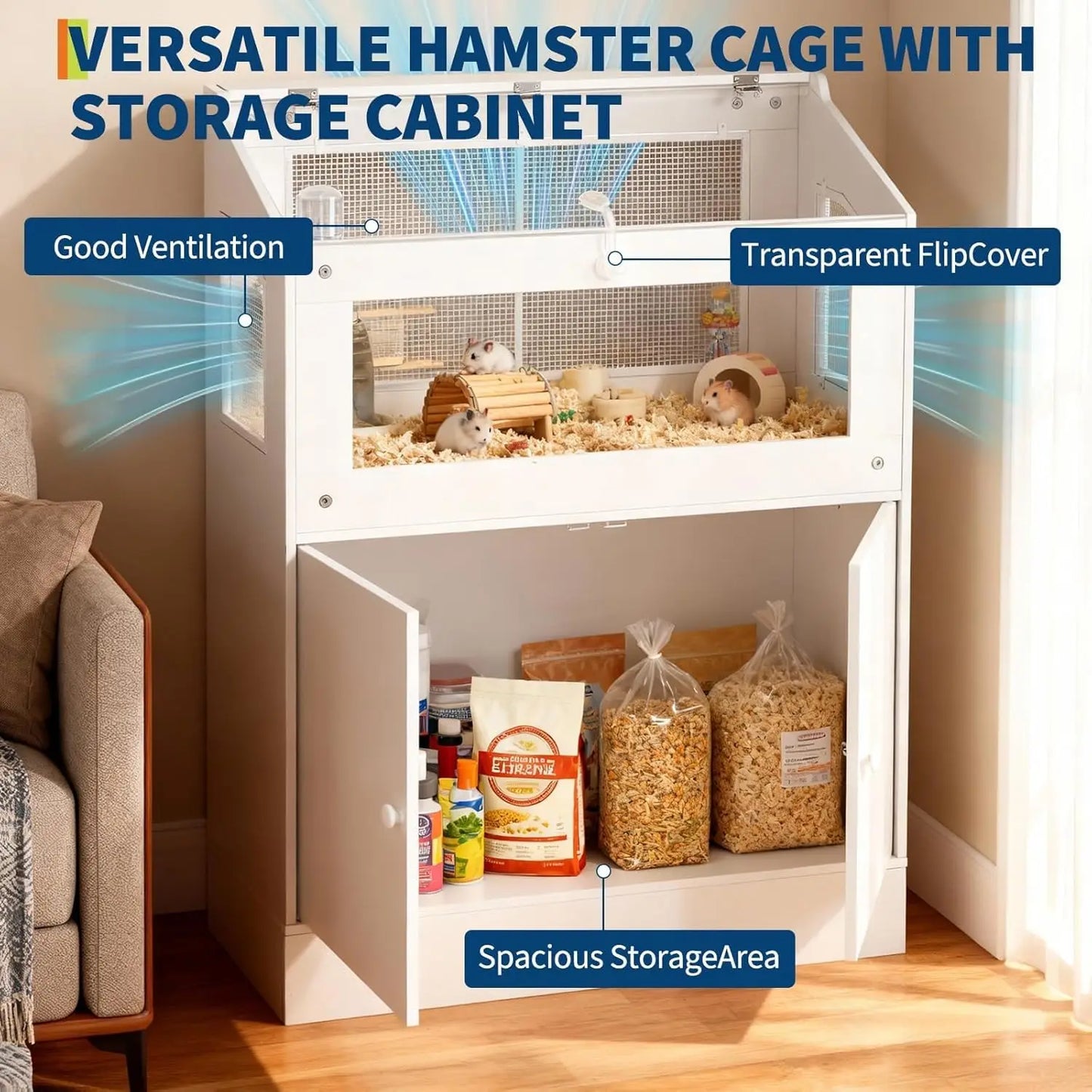 Hamster Cage, Small Animal Cage with Storage Cabinet, Large Small Animal Habitat with Easy-View Acrylic Panels & Ventilation