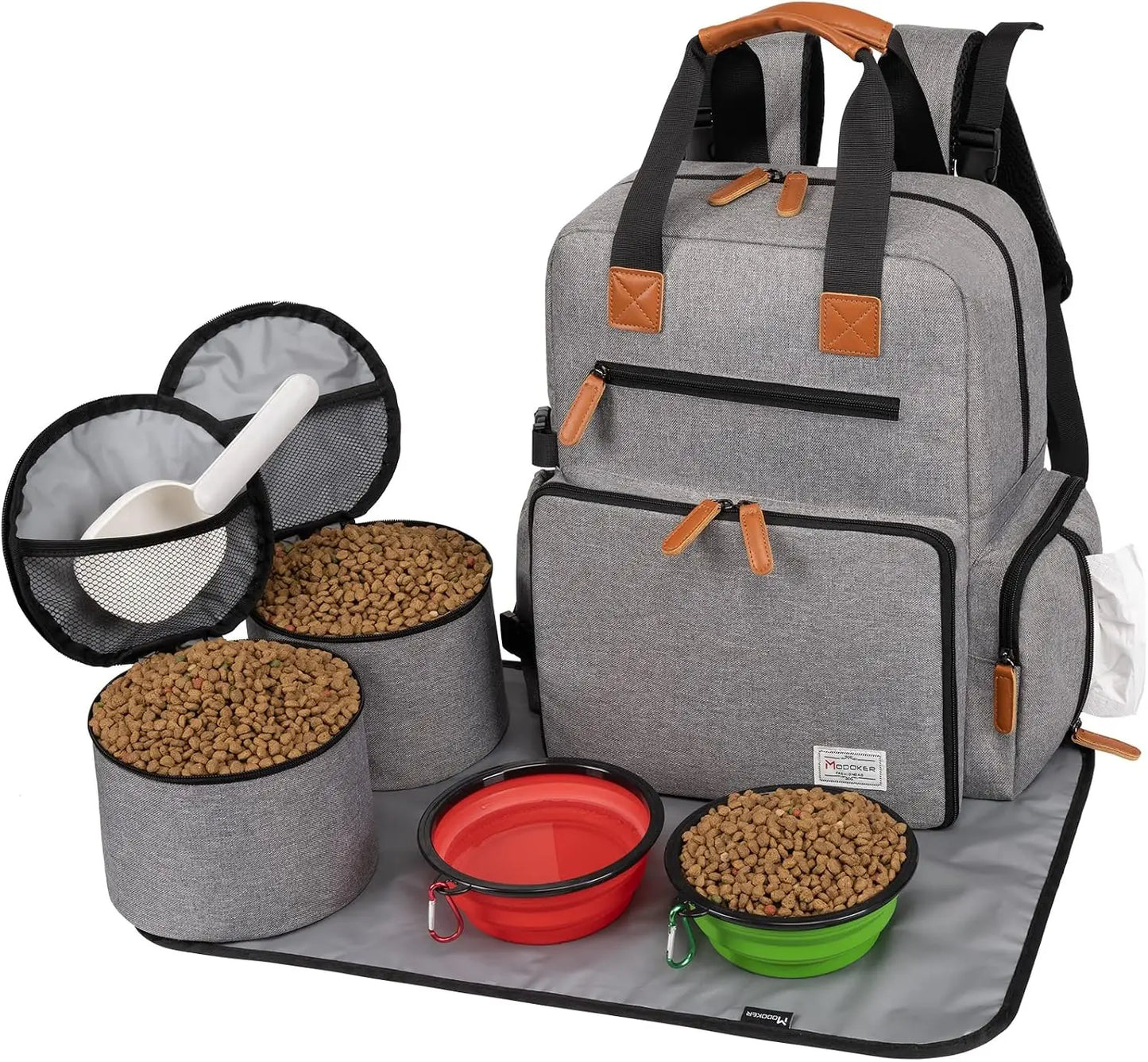 Airline Approved Dog Travel Backpack, 4-in-1 Pet Carrier with Food Containers & Bowls, Large Capacity Waterproof Bag for Road Trips