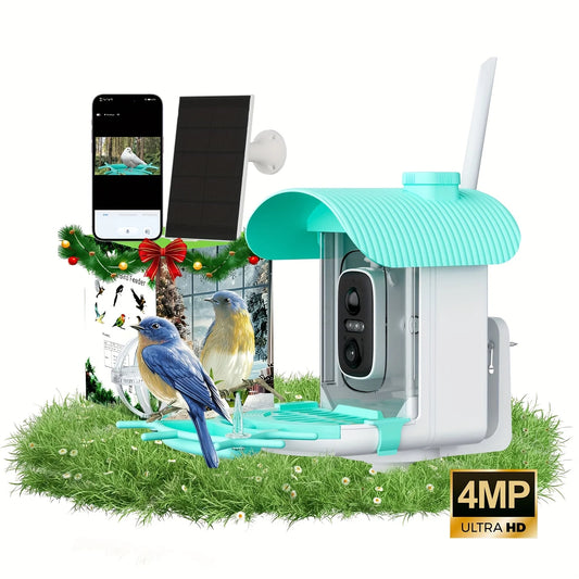 AI Smart Bird Feeder with Camera, Solar Powered, Equipped with 4MP HD Camera, 2K Resolution, Remote Monitoring, Live Viewing, Video Recording, Motion Detection Alerts, Squirrel-Proof, IP66, The Dream Gift for Bird Lovers