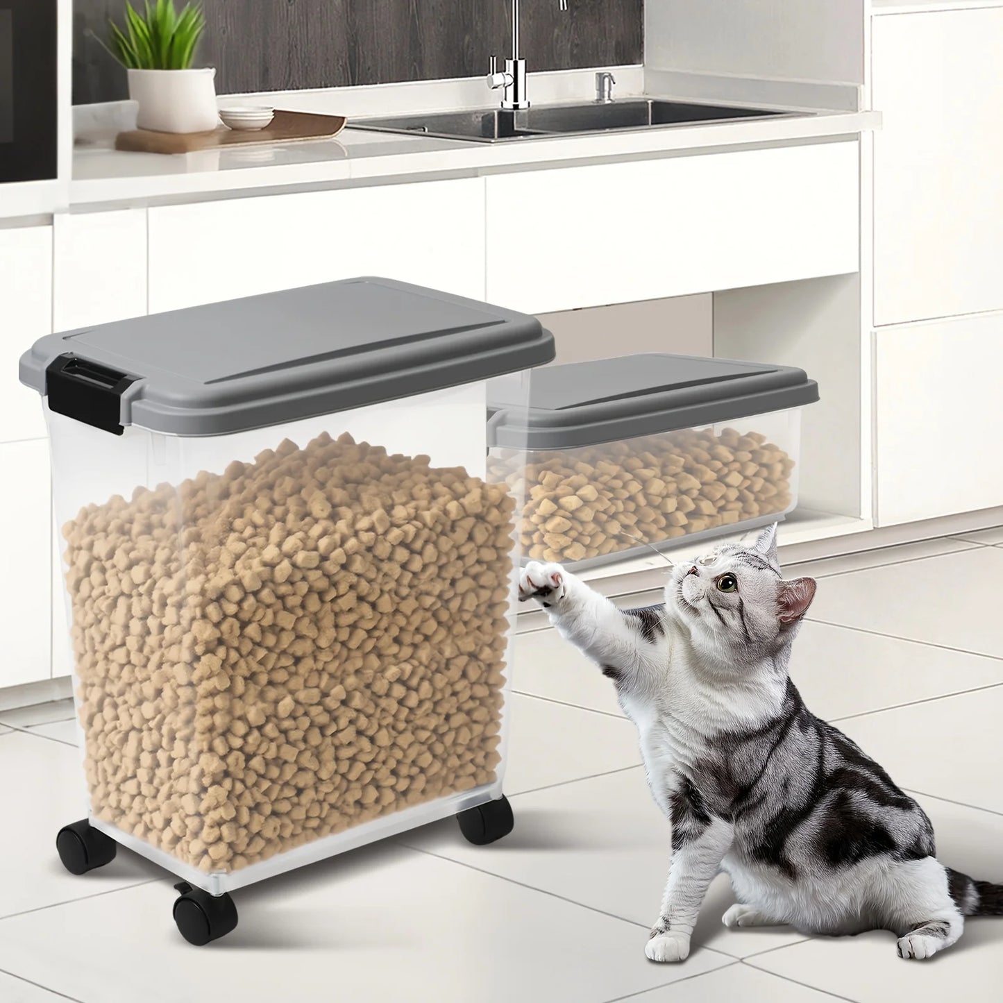 30LBS 11LBS Pet Food Storage Container with Wheels, Clear Plastic Bin with Snap-Lid Seal to Keep Kibble, Pellets Or Seeds Fresh for Dogs, Cats And Birds, 2 Cup Scoop