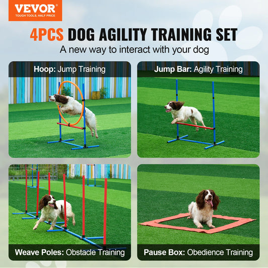SucceBuy Dog Agility Training Equipment 4 PCS Set with Adjustable High Hurdles 6 Weave PolesJump Ring Square Pause Box Whistle